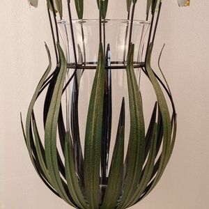 Metal & Glass Decorative Vase 17" Tall Botanical Leaf Design & 6 Snowdrop Flower